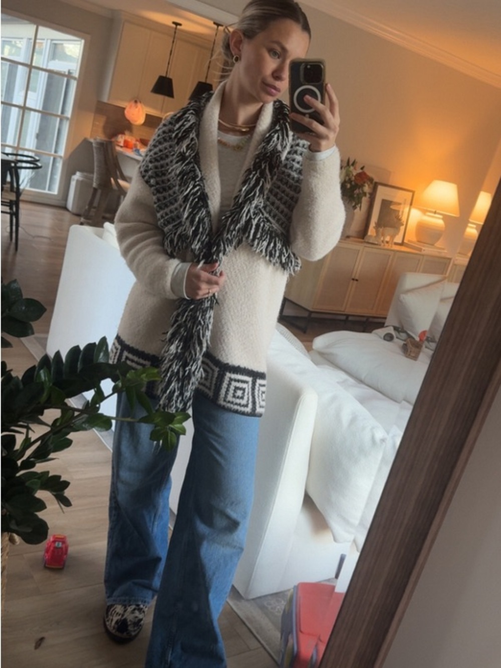 Beige & Black Fringe Knit Cardigan Sweater - Picture 5 of 13